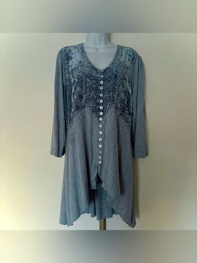 Holy Clothing Tunic Top Blouse Womens Large Buttons Embroidery Velvet Tie Back
